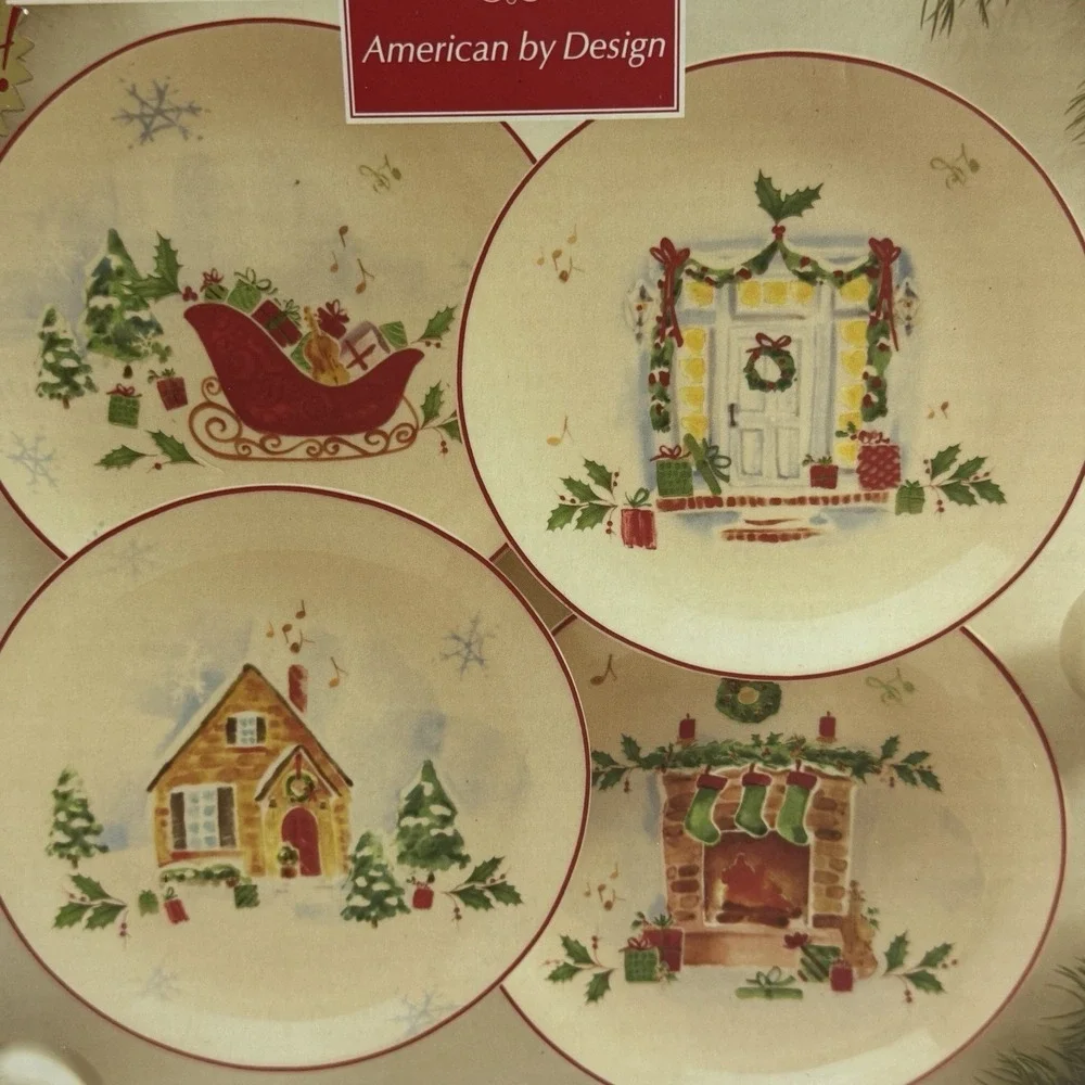 4 LENOX Christmas Dessert Plates Holiday Inspirations Illustrations Set Scenes